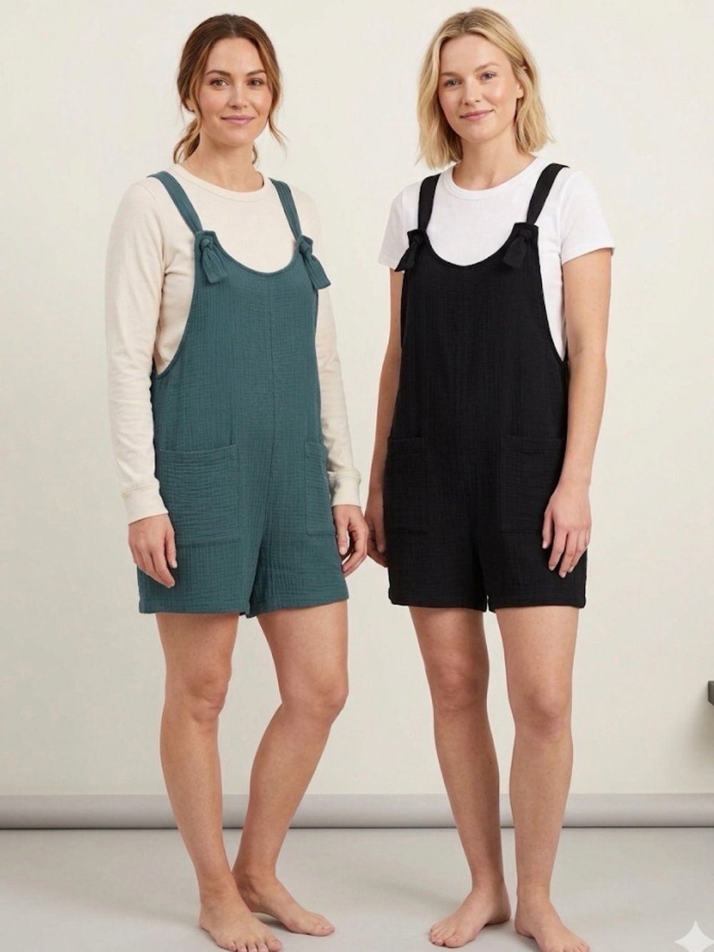 Emery Rose Black Romper with Teal Apron-Style Overalls rompers both for $18